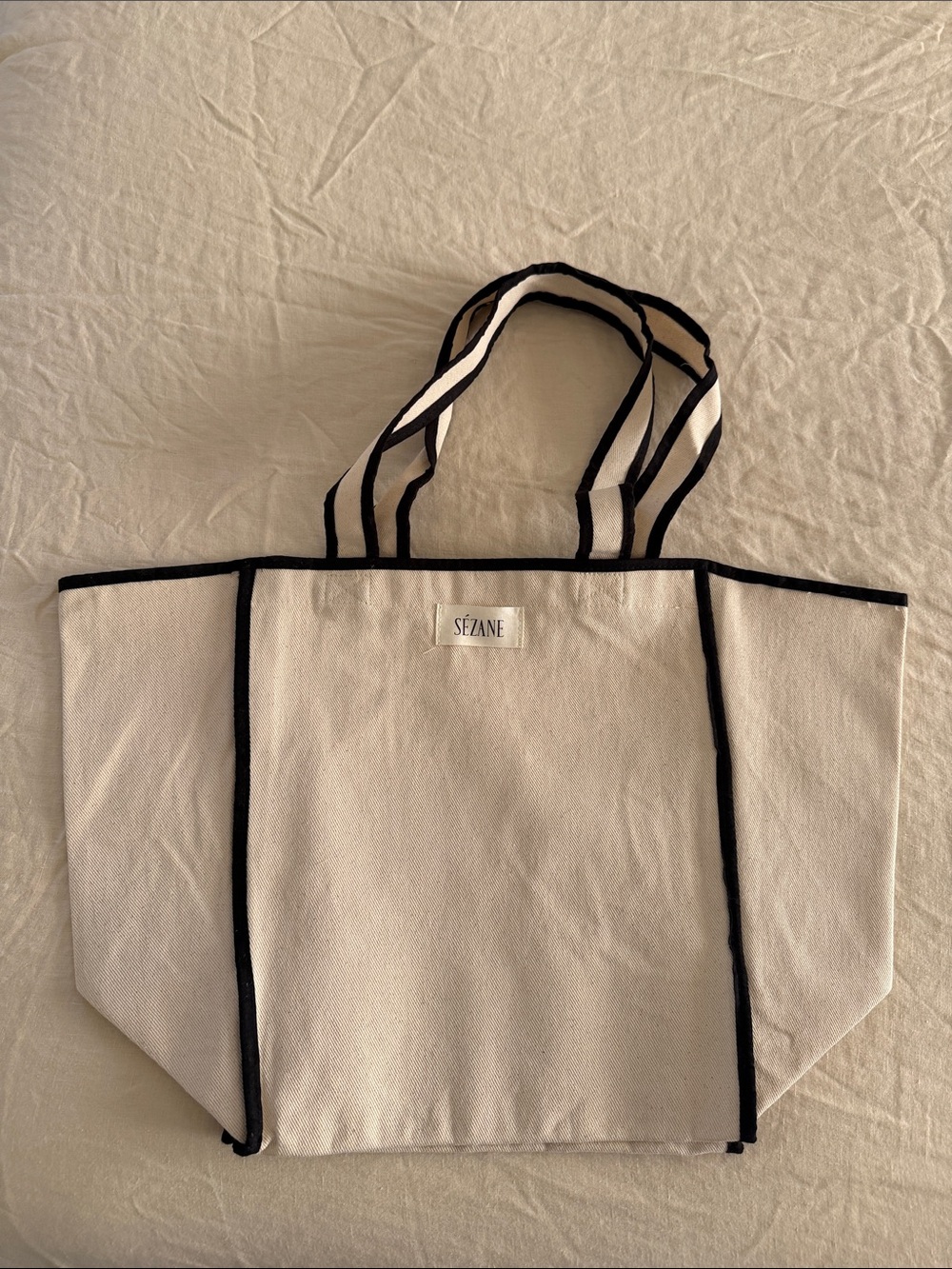 Sezane large NWOT Cream Canvas Tote with Black Trim